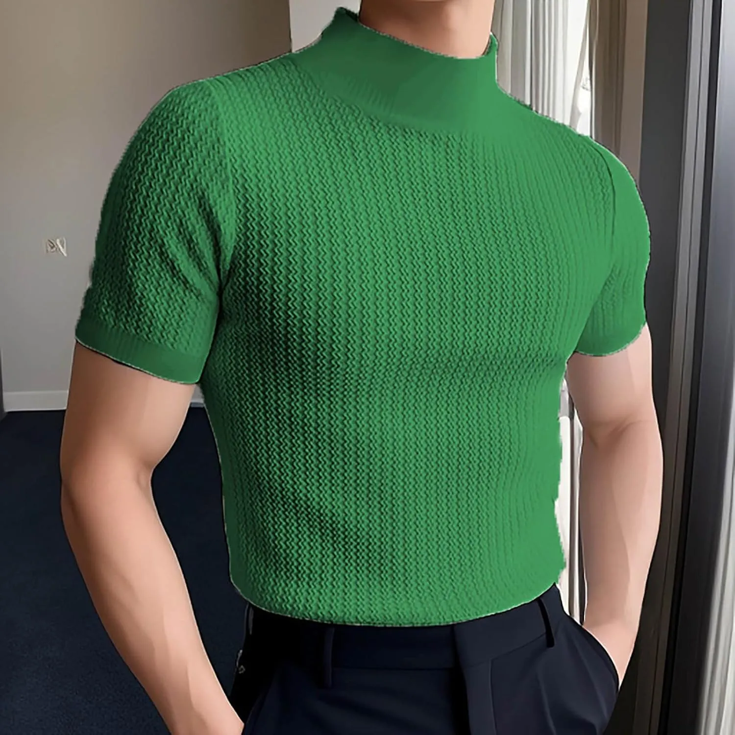 Men's Mock Turtleneck Sweater Short Sleeve Casual Basic Tops Jacquard Knit Pullover Tee Fitted Textured Undershirts