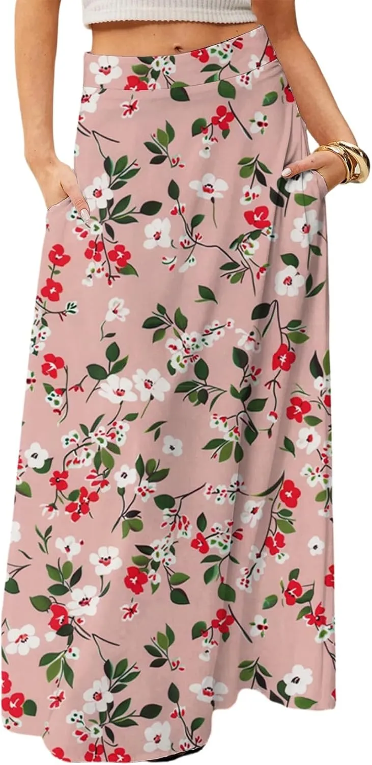 Midi Skirts for Women Summer High Waisted Pleated A-Line Swing Floral Long with Pockets