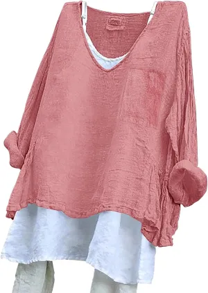 Peasant Blouses for Women V Neck Casual Summer Cotton Gauze Tops Lightweight Breathable Vacation Beach Linen Shirts