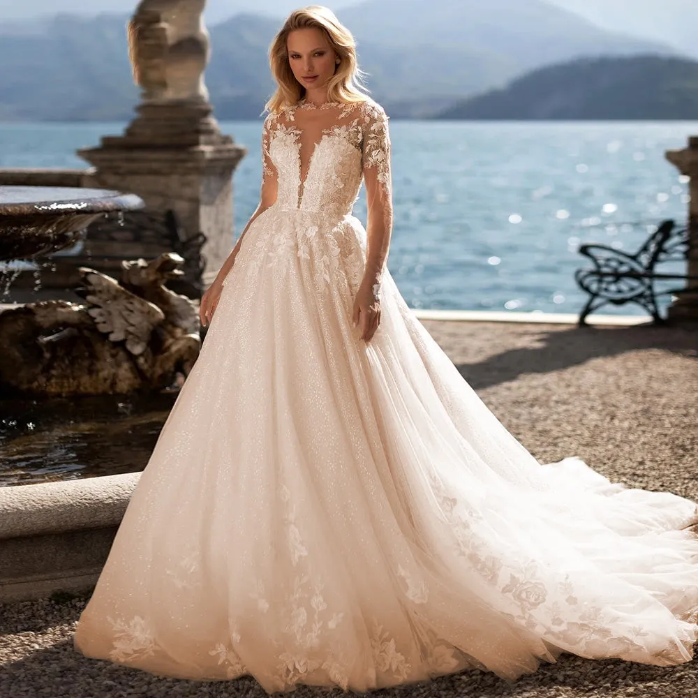 Sexy V Neck Long Sleeve A-Line Vintage Wedding Dress Luxury Beaded Court Train Flowers Bridal Gown