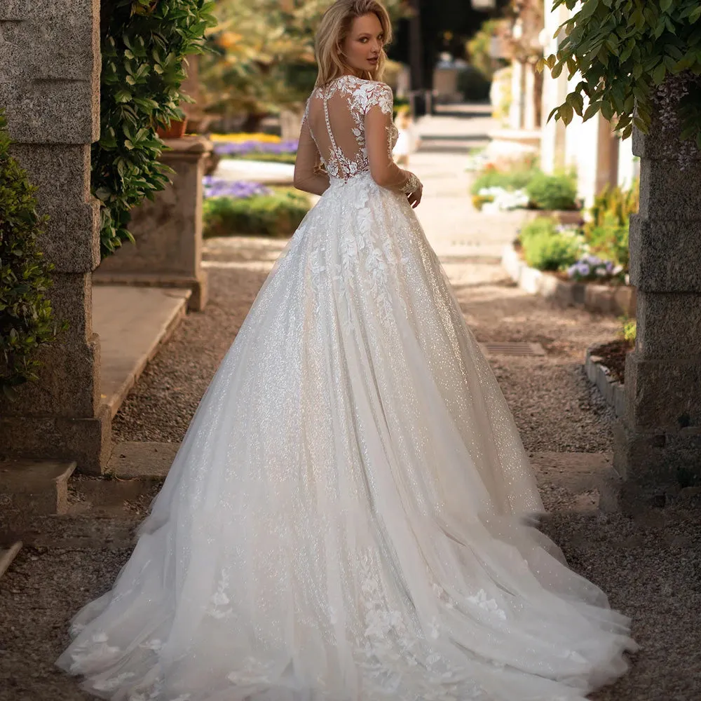 Sexy V Neck Long Sleeve A-Line Vintage Wedding Dress Luxury Beaded Court Train Flowers Bridal Gown