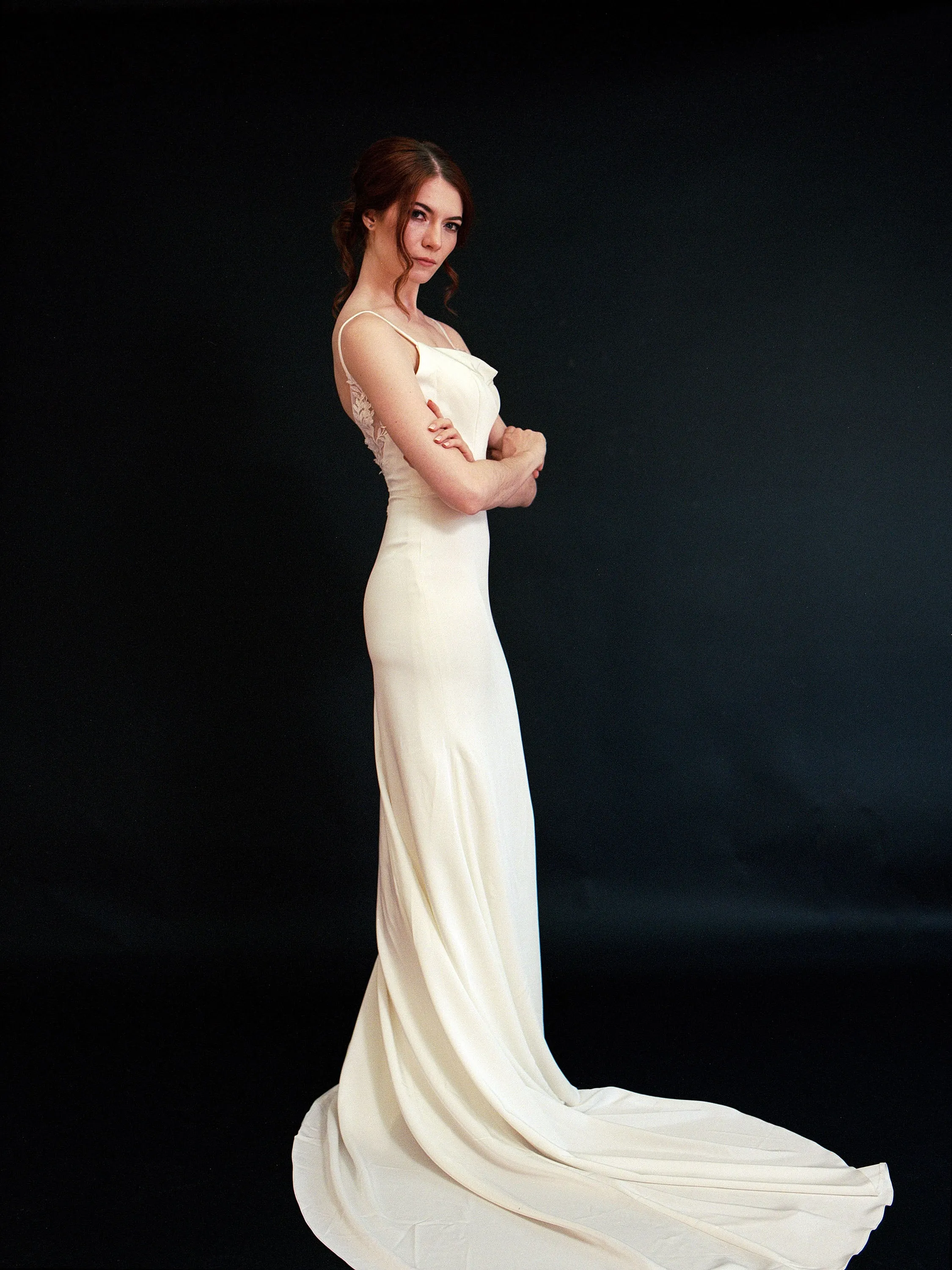 Style D2411 -Modern Spaghetti Strap twig Lace sheer back Low Back fit and flare crepe Wedding dress