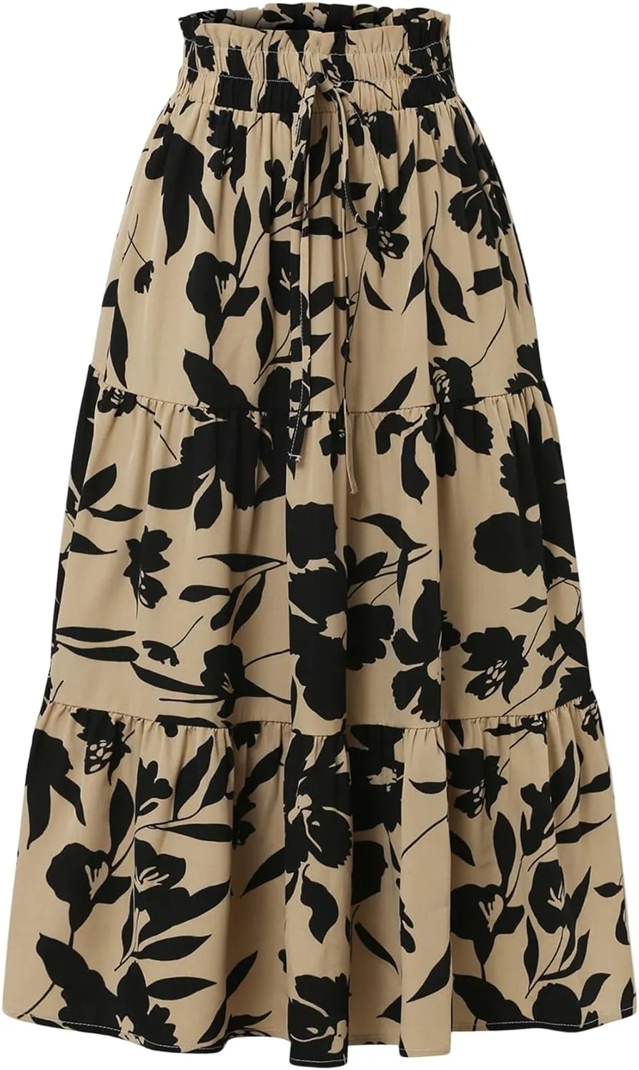 Summer Skirts for Women 2025 Vacation Boho Floral Tiered Maxi Skirt Drawstring High Waisted Flowy Ruffle A Line Skirt