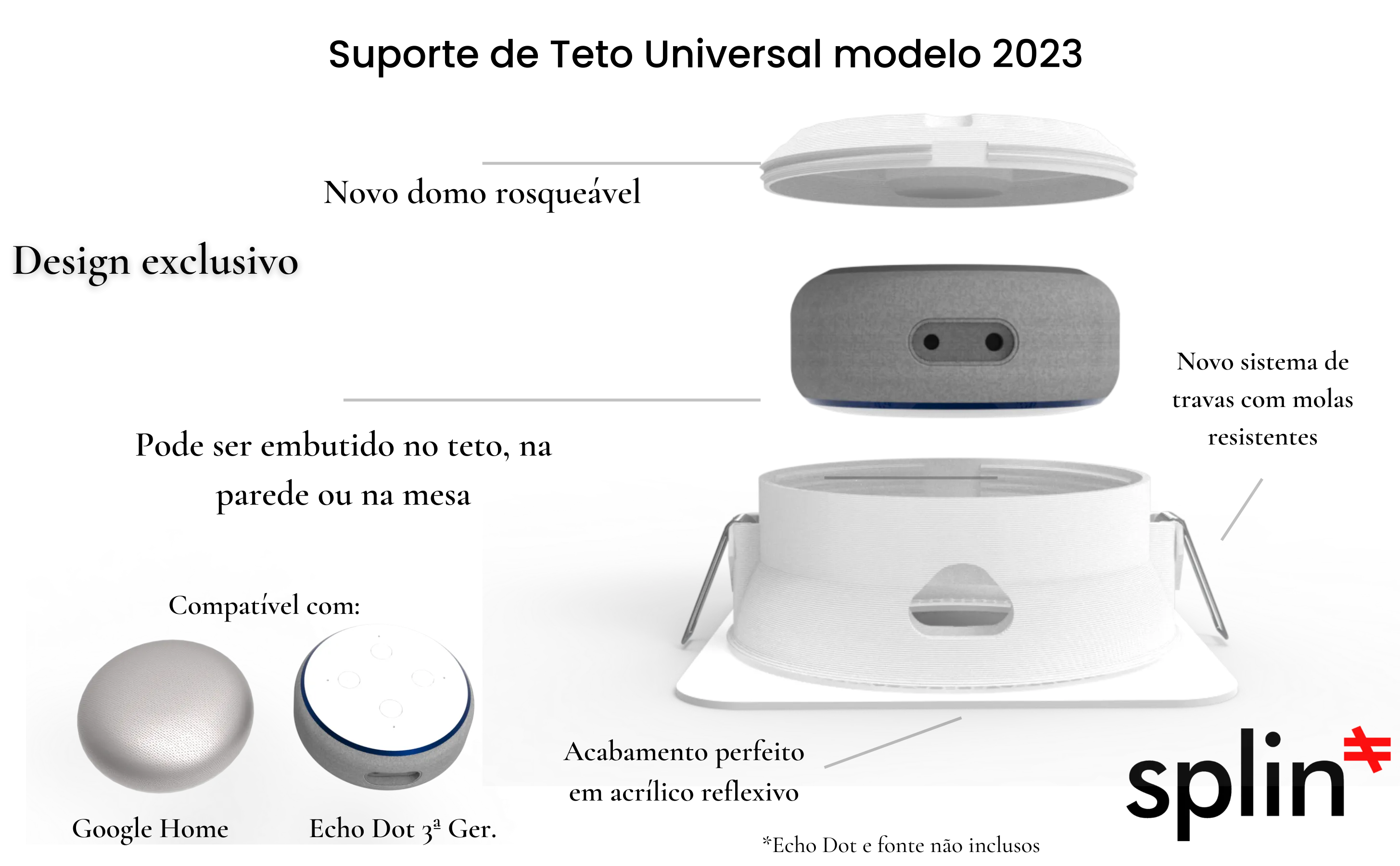 Suporte para embutir no teto, parede ou mesa Splin para Smart Home compatível com Echo dot 3  e Google Home/Nest