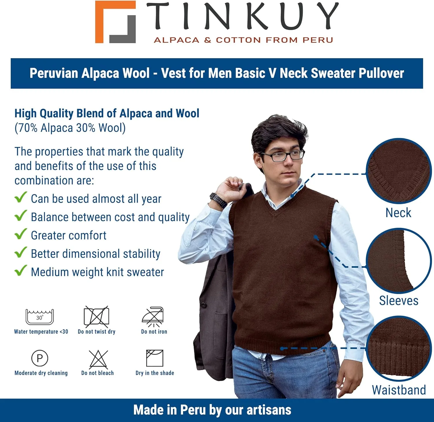 TINKUY Peru Men's Alpaca Wool V Neck Sweater Vest, S-4XL