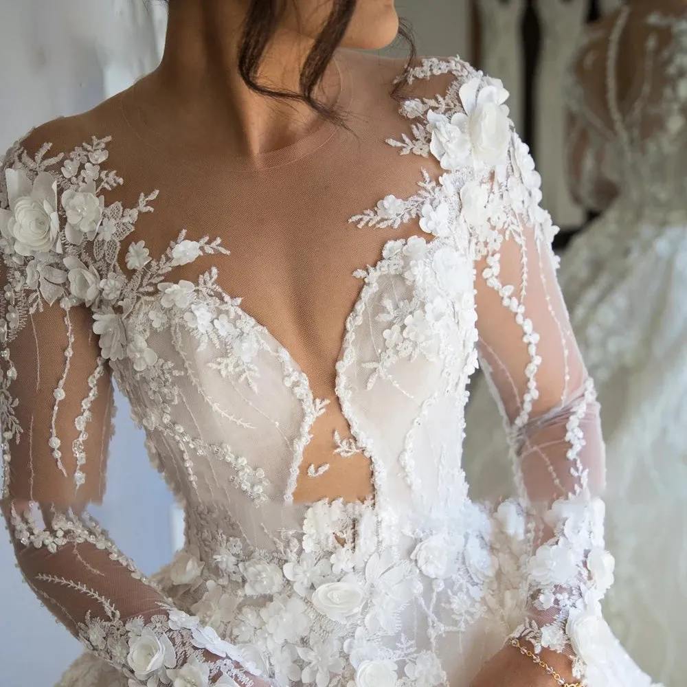 Vintage Bridal Gown Long Sleeve Lace Ball Gown Wedding Dresses Luxury Flower Chapel Train