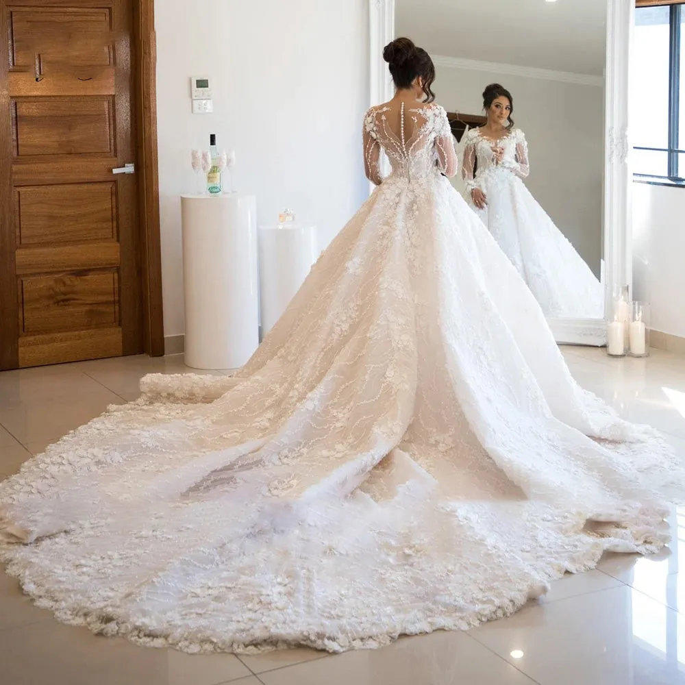 Vintage Bridal Gown Long Sleeve Lace Ball Gown Wedding Dresses Luxury Flower Chapel Train