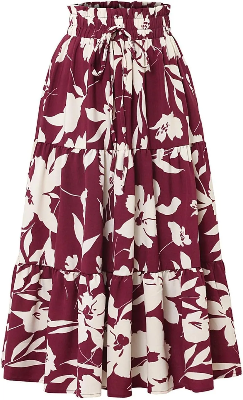 Womens Boho Floral Midi Skirts Elastic High Waist Pleated A-Line Flared Skirt Casual Summer Beach Travel Vacation Outfits