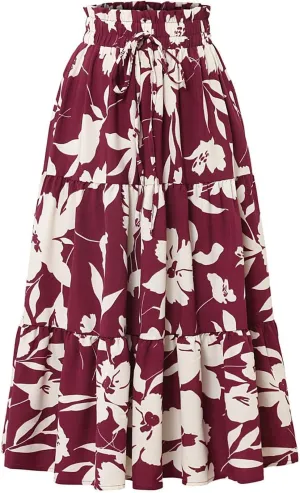 Womens Boho Floral Midi Skirts Elastic High Waist Pleated A-Line Flared Skirt Casual Summer Beach Travel Vacation Outfits