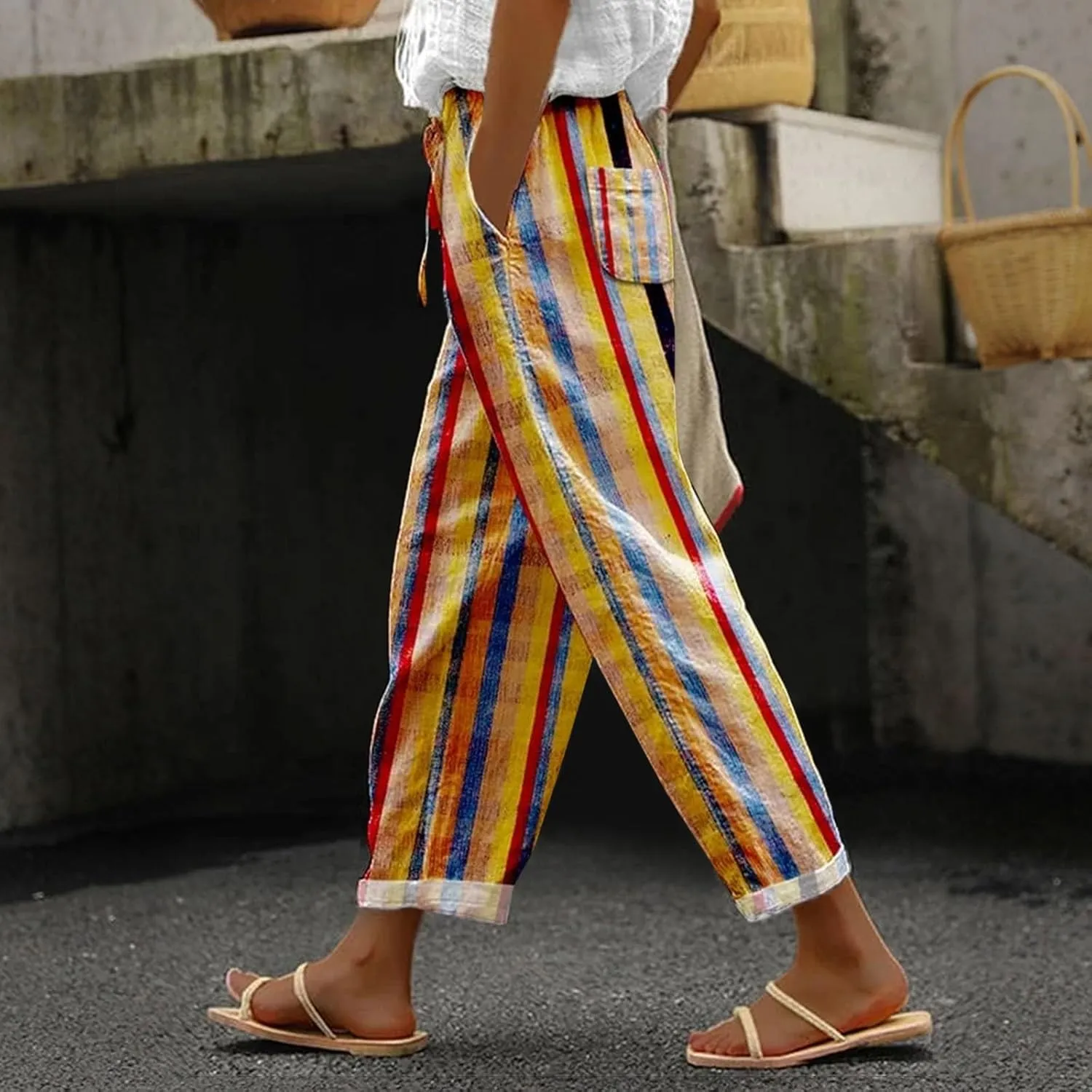 Women's Cotton Linen Pants Wide Leg Casual Loose Drawstring High Waist Palazzo Trousers Lightweight Pants