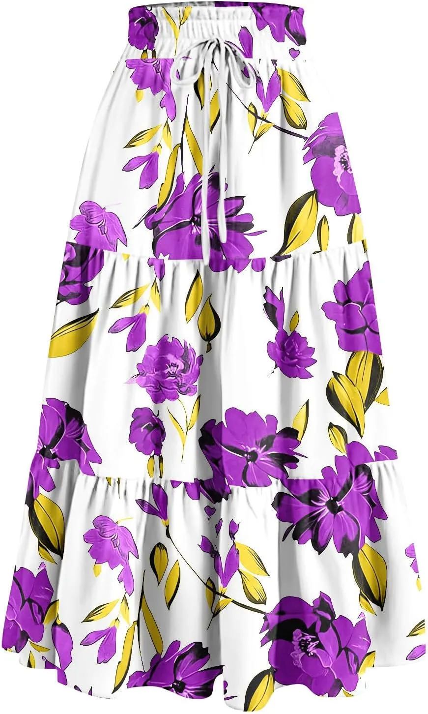 Women's Dresses Boho Floral Skirt Casual Elastic High Waist Maxi Skirts Flowy A Line Beach Long Skirt Dresses