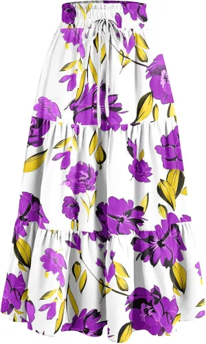 Women's Dresses Boho Floral Skirt Casual Elastic High Waist Maxi Skirts Flowy A Line Beach Long Skirt Dresses