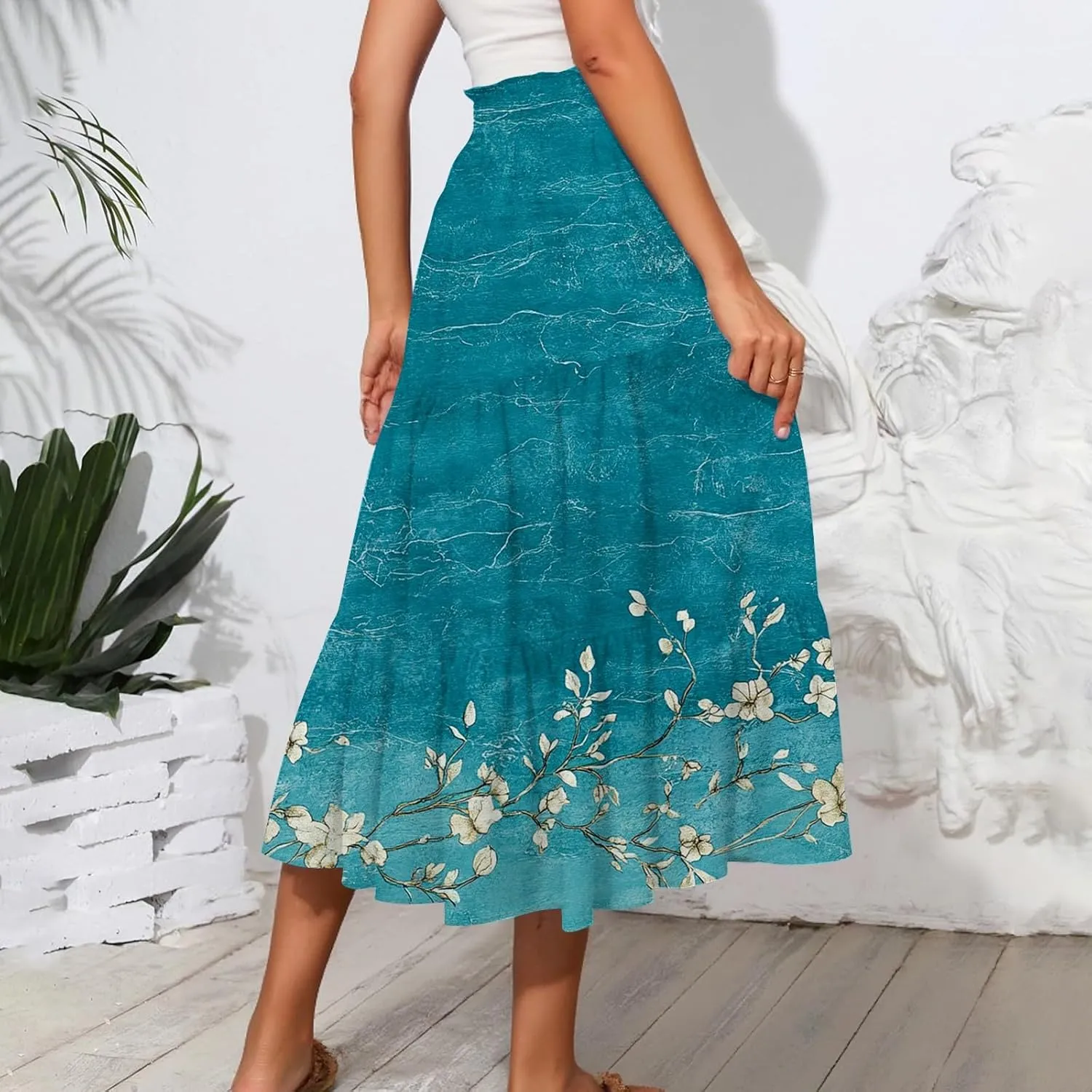 Women's Flowy Midi Skirt 2025 Summer High Waisted Tie Print Smocked Beach Long Skirts with Pockets, S-2XL