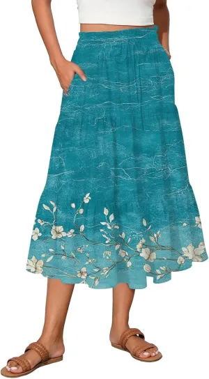 Women's Flowy Midi Skirt 2025 Summer High Waisted Tie Print Smocked Beach Long Skirts with Pockets, S-2XL