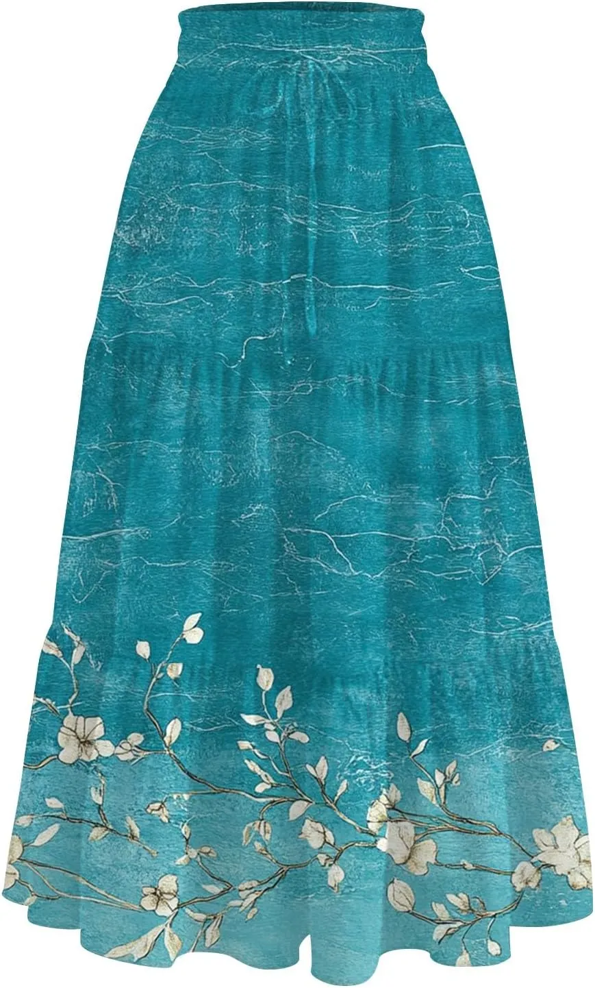 Women's Flowy Midi Skirt 2025 Summer High Waisted Tie Print Smocked Beach Long Skirts with Pockets, S-2XL