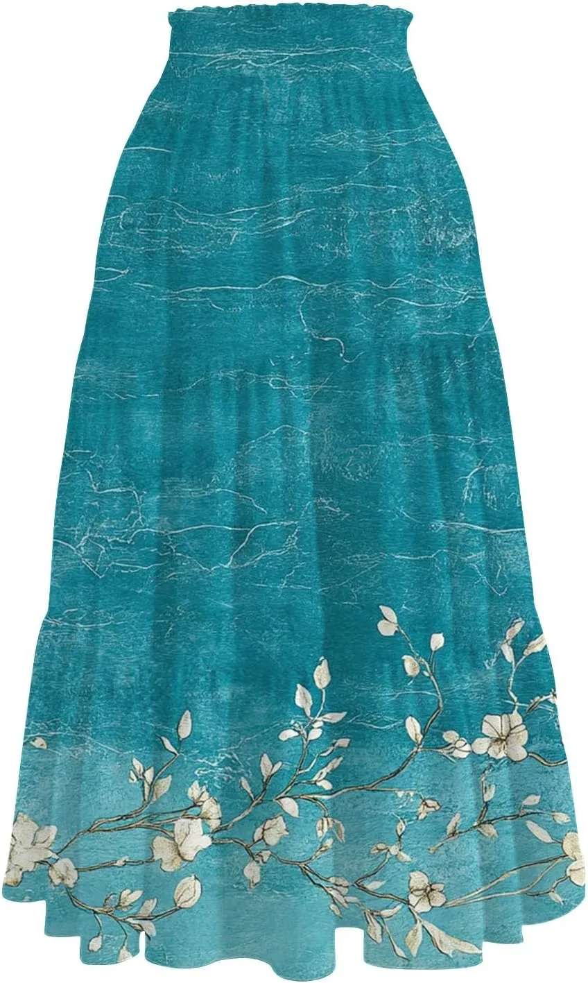 Women's Flowy Midi Skirt 2025 Summer High Waisted Tie Print Smocked Beach Long Skirts with Pockets, S-2XL