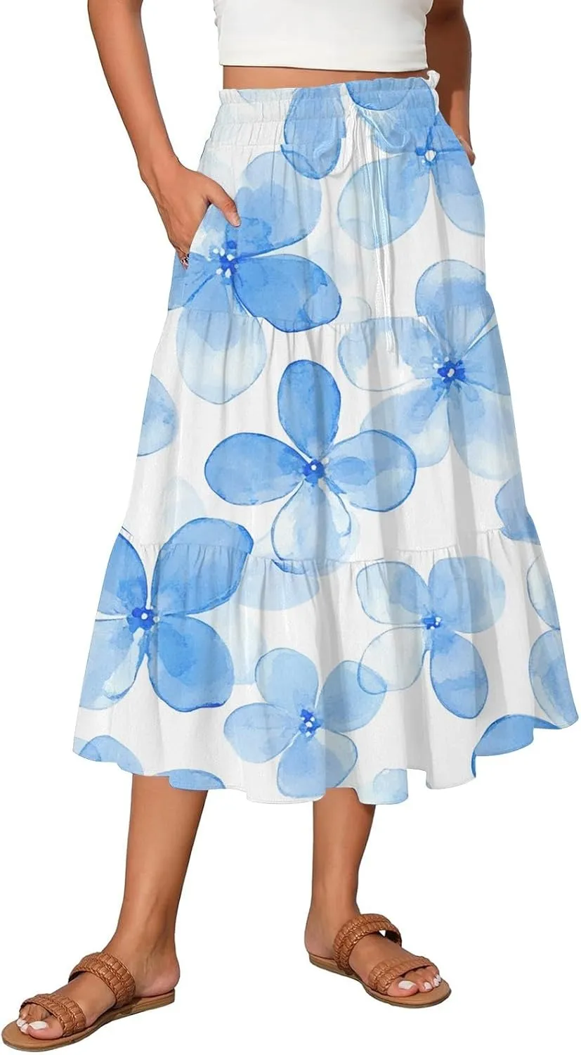 Women's Hawaiian Dresses Midi Skirts High Waisted Pleated A-Line Swing Skirts Summer Floral Long Dresses, S-2XL