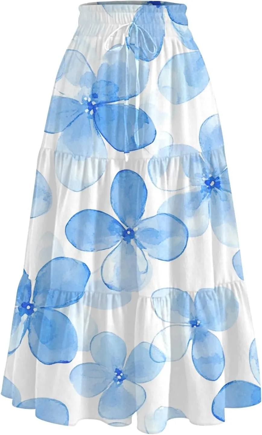 Women's Hawaiian Dresses Midi Skirts High Waisted Pleated A-Line Swing Skirts Summer Floral Long Dresses, S-2XL