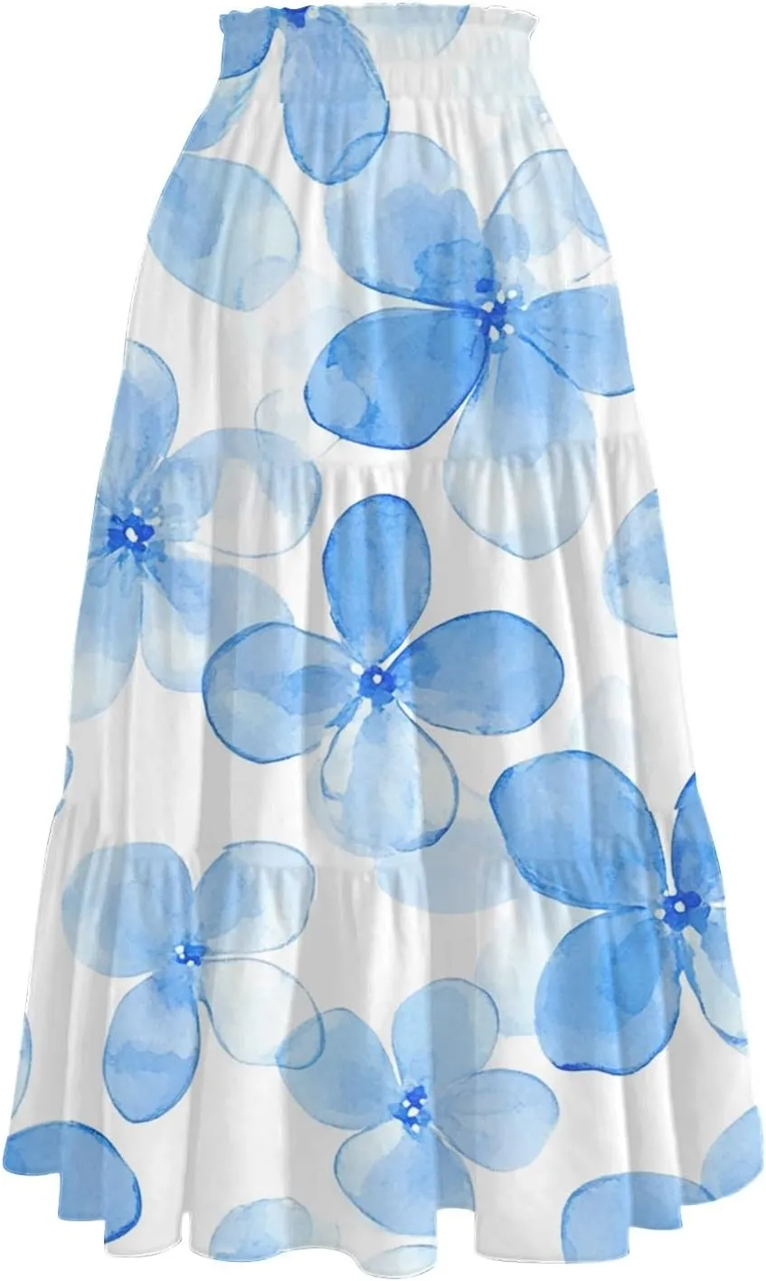 Women's Hawaiian Dresses Midi Skirts High Waisted Pleated A-Line Swing Skirts Summer Floral Long Dresses, S-2XL