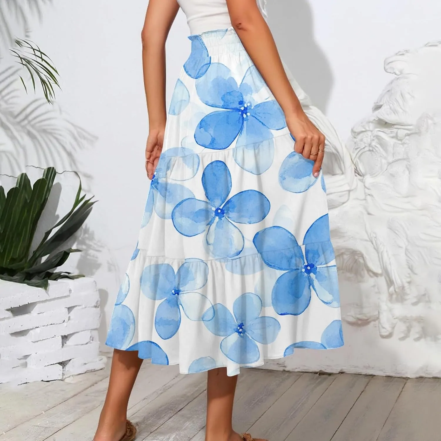Women's Hawaiian Dresses Midi Skirts High Waisted Pleated A-Line Swing Skirts Summer Floral Long Dresses, S-2XL