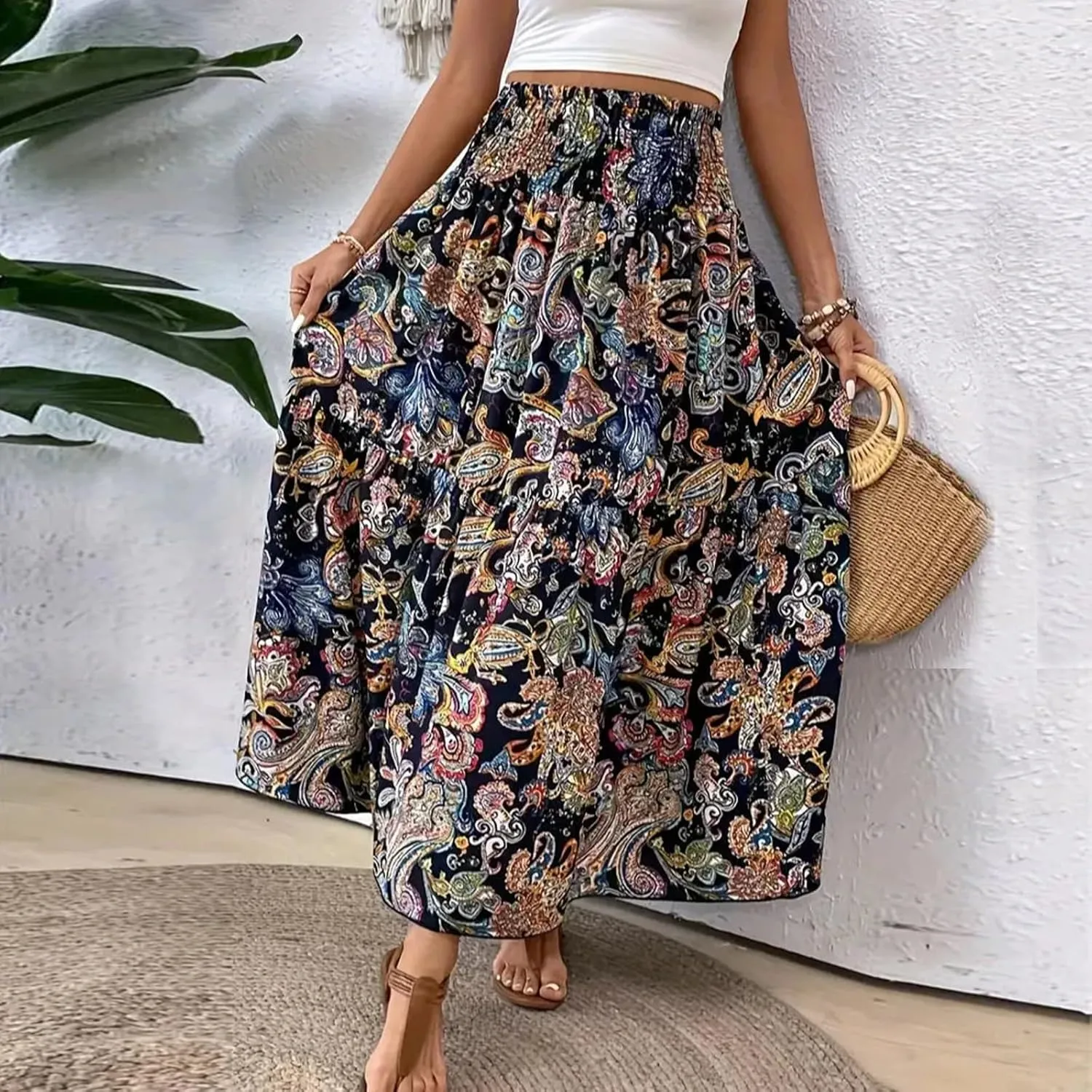 Women's Maxi Dresses 2025 Elastic High Waist Flared Maxi Skirts Floral Swing Midi Casual Summer Long Skirt, S-2XL