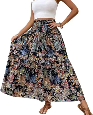 Women's Maxi Dresses 2025 Elastic High Waist Flared Maxi Skirts Floral Swing Midi Casual Summer Long Skirt, S-2XL