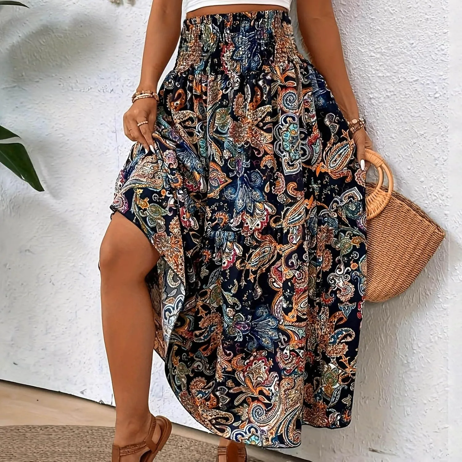 Women's Maxi Dresses 2025 Elastic High Waist Flared Maxi Skirts Floral Swing Midi Casual Summer Long Skirt, S-2XL