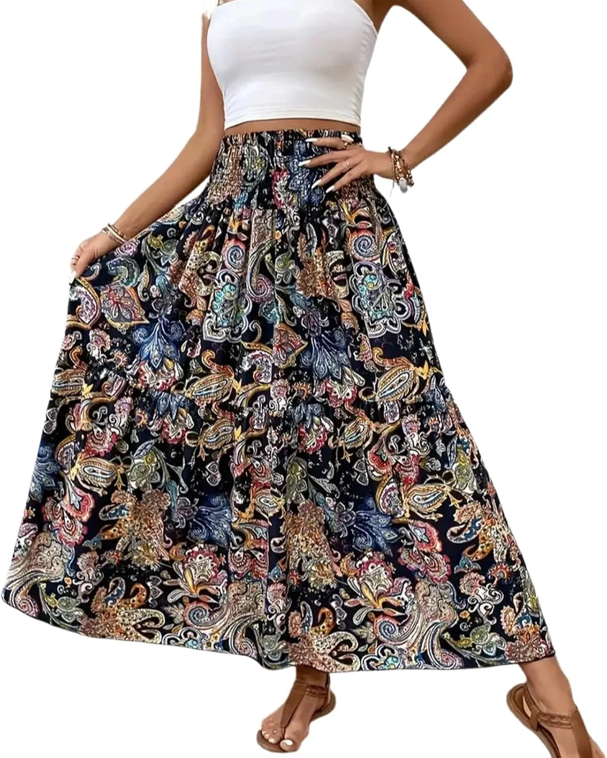 Women's Maxi Dresses 2025 Elastic High Waist Flared Maxi Skirts Floral Swing Midi Casual Summer Long Skirt, S-2XL