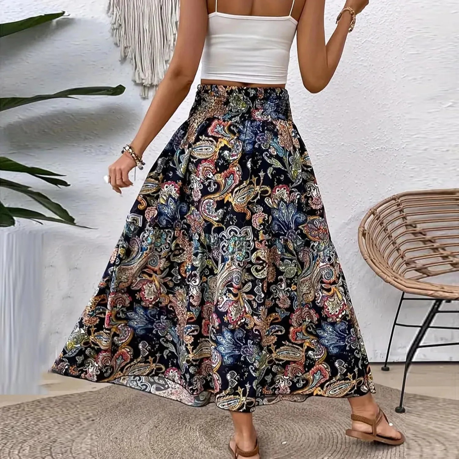 Women's Maxi Dresses 2025 Elastic High Waist Flared Maxi Skirts Floral Swing Midi Casual Summer Long Skirt, S-2XL