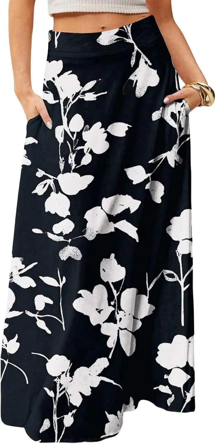 Women's Maxi Skirt 2025 Elastic High Waist Flared Maxi Skirts Floral Swing Midi Casual Summer Long Skirt, S-2XL