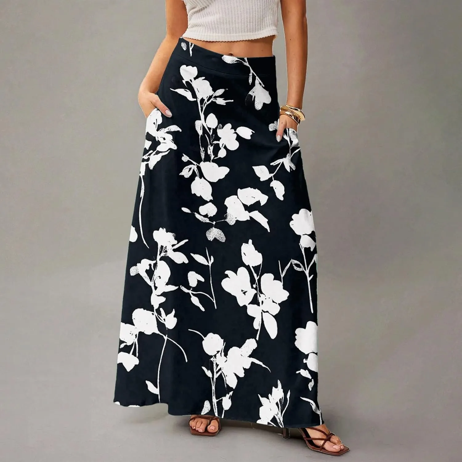 Women's Maxi Skirt 2025 Elastic High Waist Flared Maxi Skirts Floral Swing Midi Casual Summer Long Skirt, S-2XL