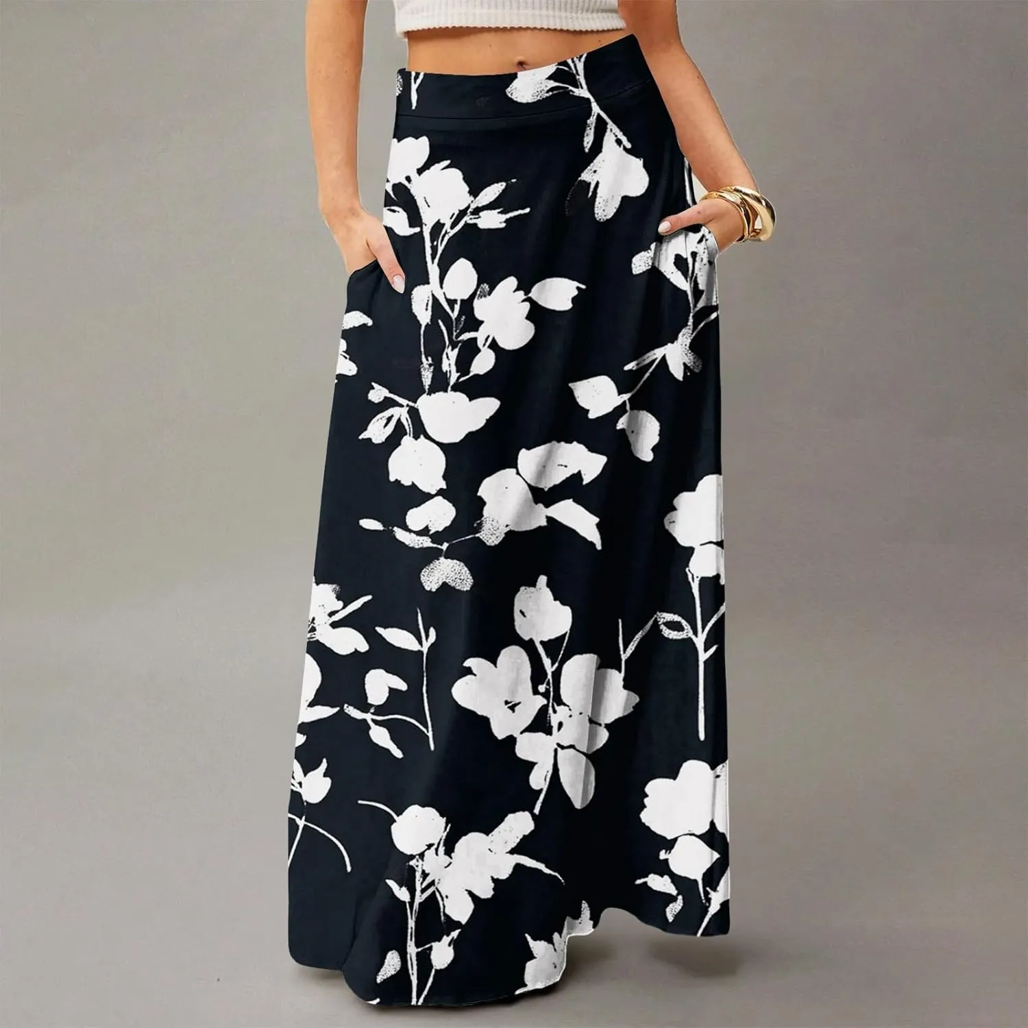 Women's Maxi Skirt 2025 Elastic High Waist Flared Maxi Skirts Floral Swing Midi Casual Summer Long Skirt, S-2XL