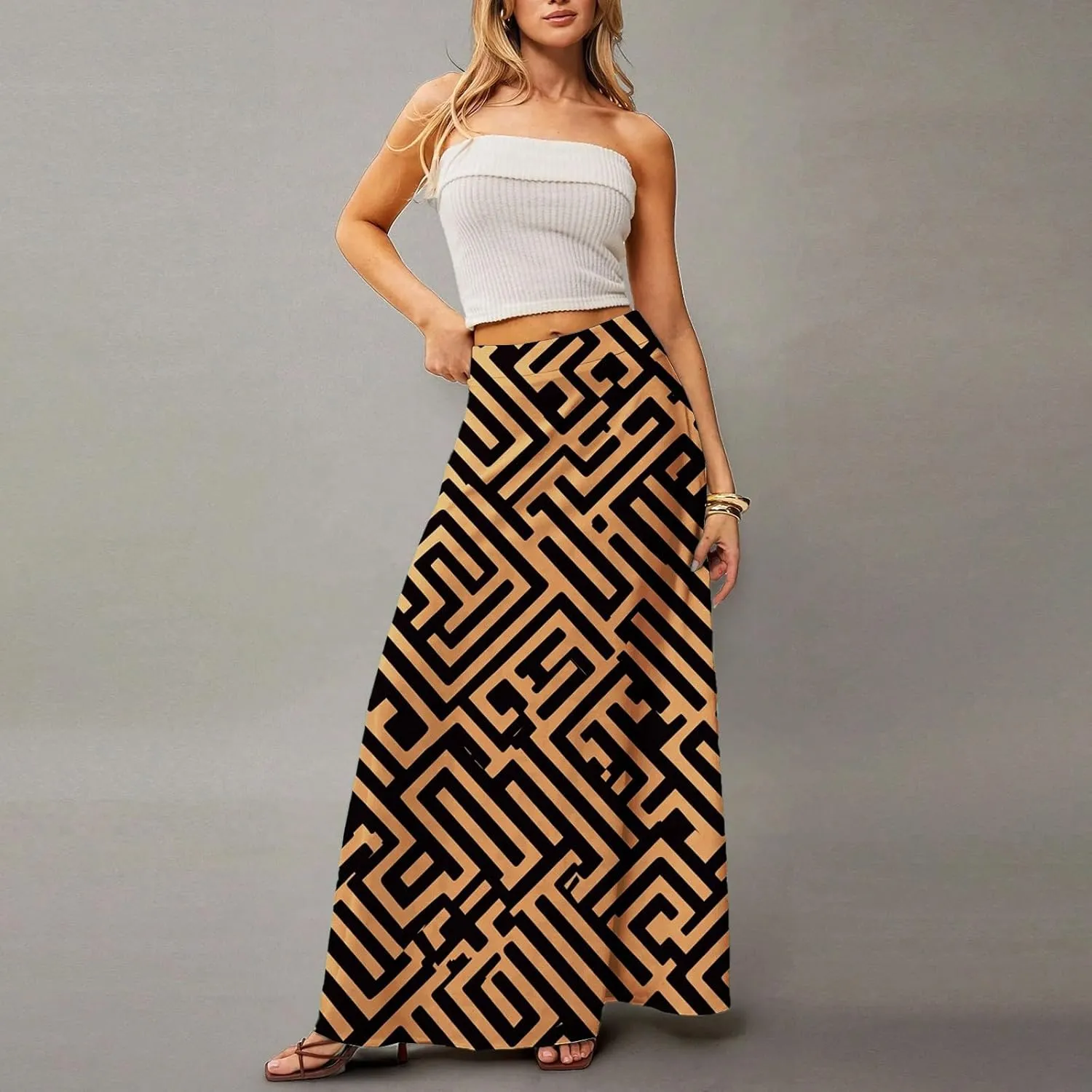 Women's Maxi Skirt 2025 Elastic High Waist Flared Maxi Skirts Floral Swing Midi Casual Summer Long Skirt, S-2XL