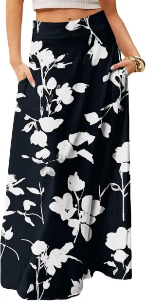 Women's Maxi Skirt 2025 Elastic High Waist Flared Maxi Skirts Floral Swing Midi Casual Summer Long Skirt, S-2XL
