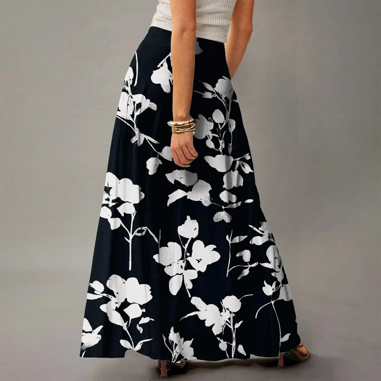 Women's Maxi Skirt 2025 Elastic High Waist Flared Maxi Skirts Floral Swing Midi Casual Summer Long Skirt, S-2XL