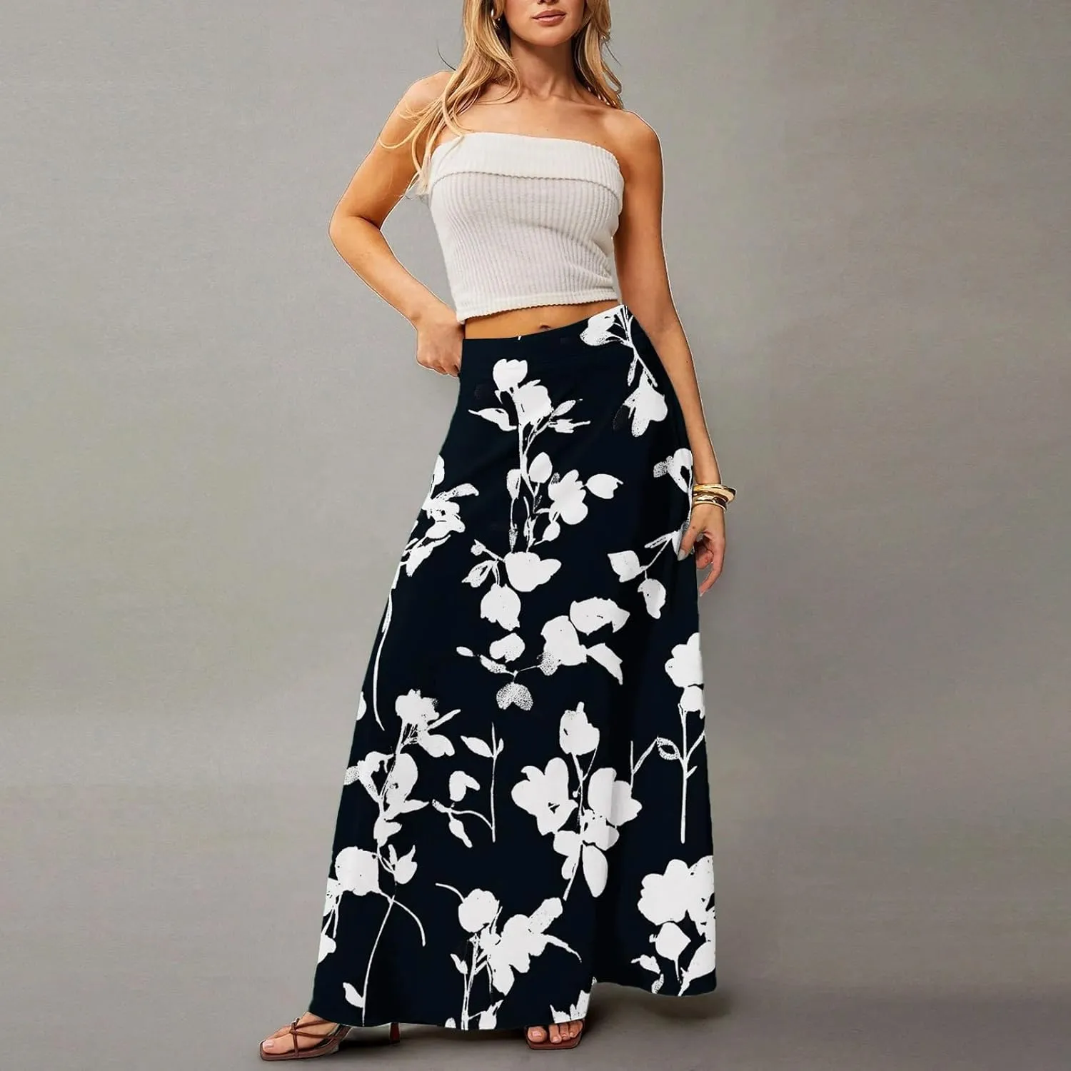 Women's Maxi Skirt 2025 Elastic High Waist Flared Maxi Skirts Floral Swing Midi Casual Summer Long Skirt, S-2XL