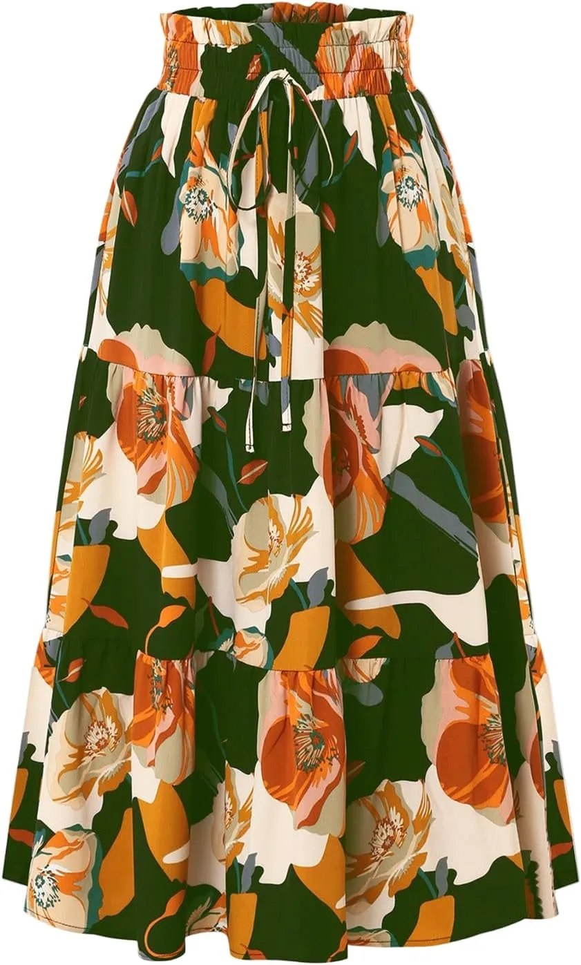 Womens Maxi Skirt Boho High Waisted Tiered Ruffle Floral Skirt Trendy Summer Flowy A Line Beach Skirt Cruise Outfits