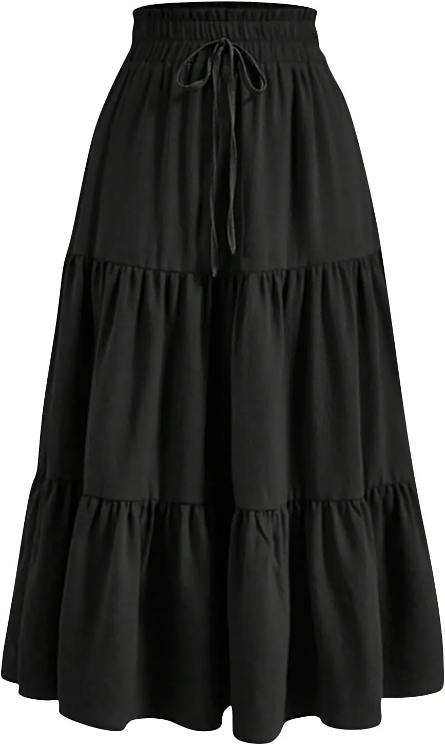 Womens Maxi Skirt Boho High Waisted Tiered Ruffle Floral Skirt Trendy Summer Flowy A Line Beach Skirt Cruise Outfits