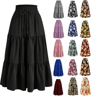 Womens Maxi Skirt Boho High Waisted Tiered Ruffle Floral Skirt Trendy Summer Flowy A Line Beach Skirt Cruise Outfits