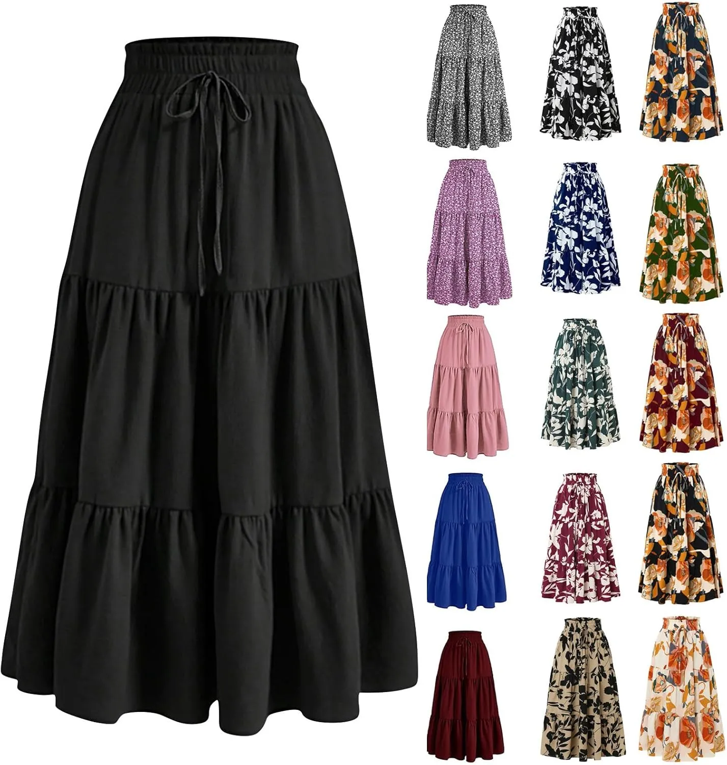 Womens Maxi Skirt Boho High Waisted Tiered Ruffle Floral Skirt Trendy Summer Flowy A Line Beach Skirt Cruise Outfits