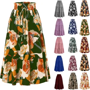 Womens Maxi Skirt Boho High Waisted Tiered Ruffle Floral Skirt Trendy Summer Flowy A Line Beach Skirt Cruise Outfits