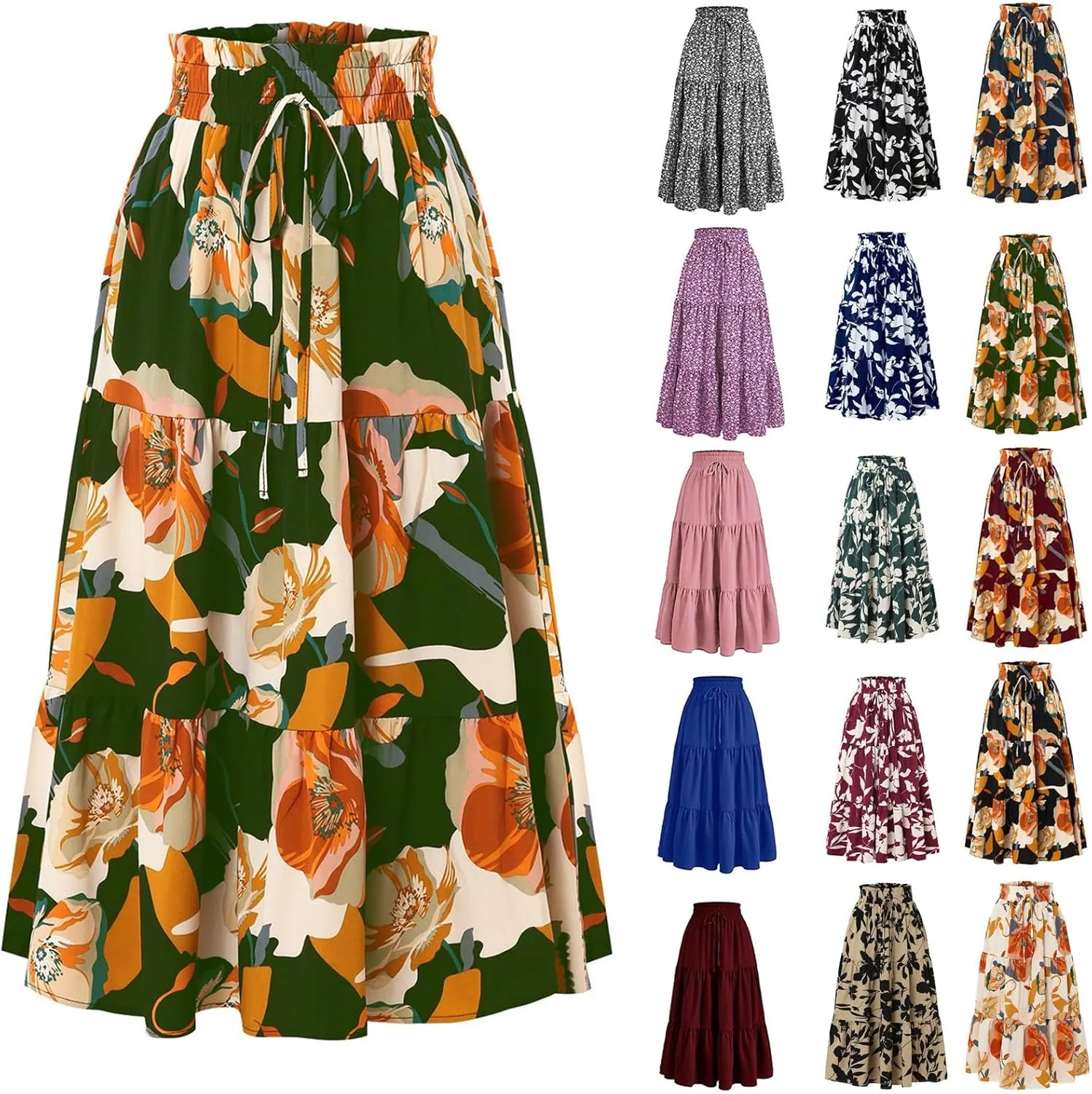 Womens Maxi Skirt Boho High Waisted Tiered Ruffle Floral Skirt Trendy Summer Flowy A Line Beach Skirt Cruise Outfits