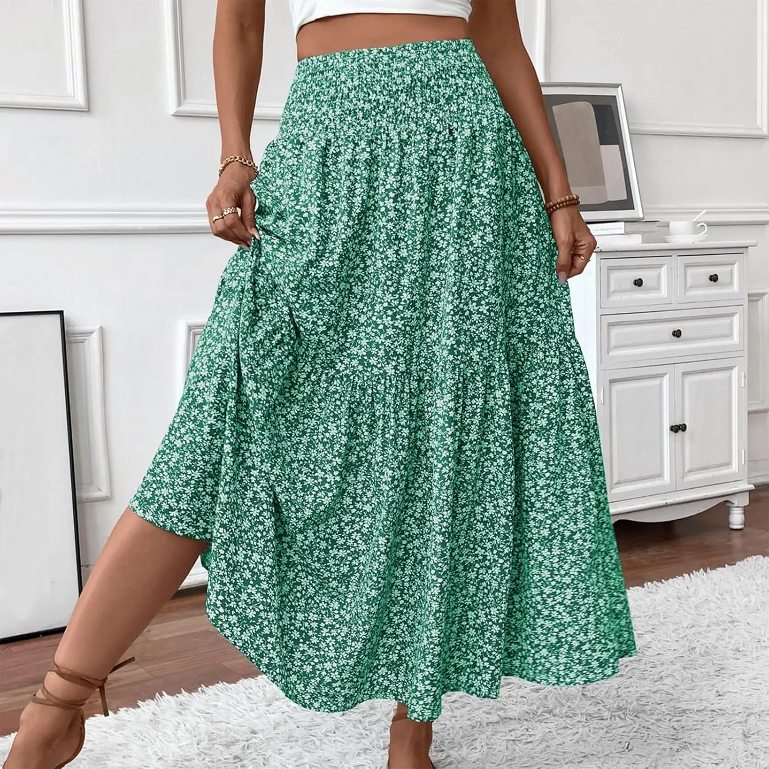 Women's Skirts Bohemian Long Skirts Flowy High Waist A Line Maxi Skirts Summer Pleated, S-XL