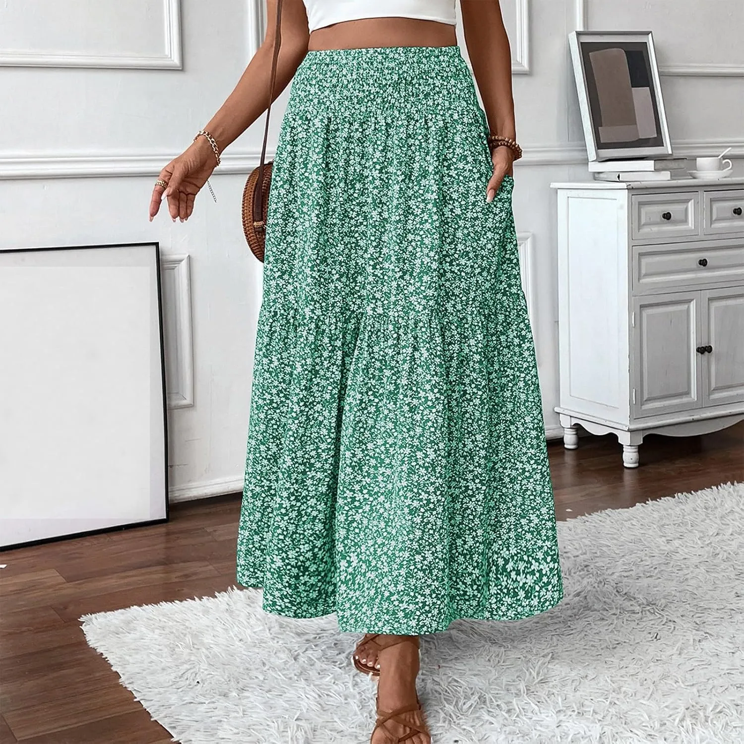 Women's Skirts Bohemian Long Skirts Flowy High Waist A Line Maxi Skirts Summer Pleated, S-XL