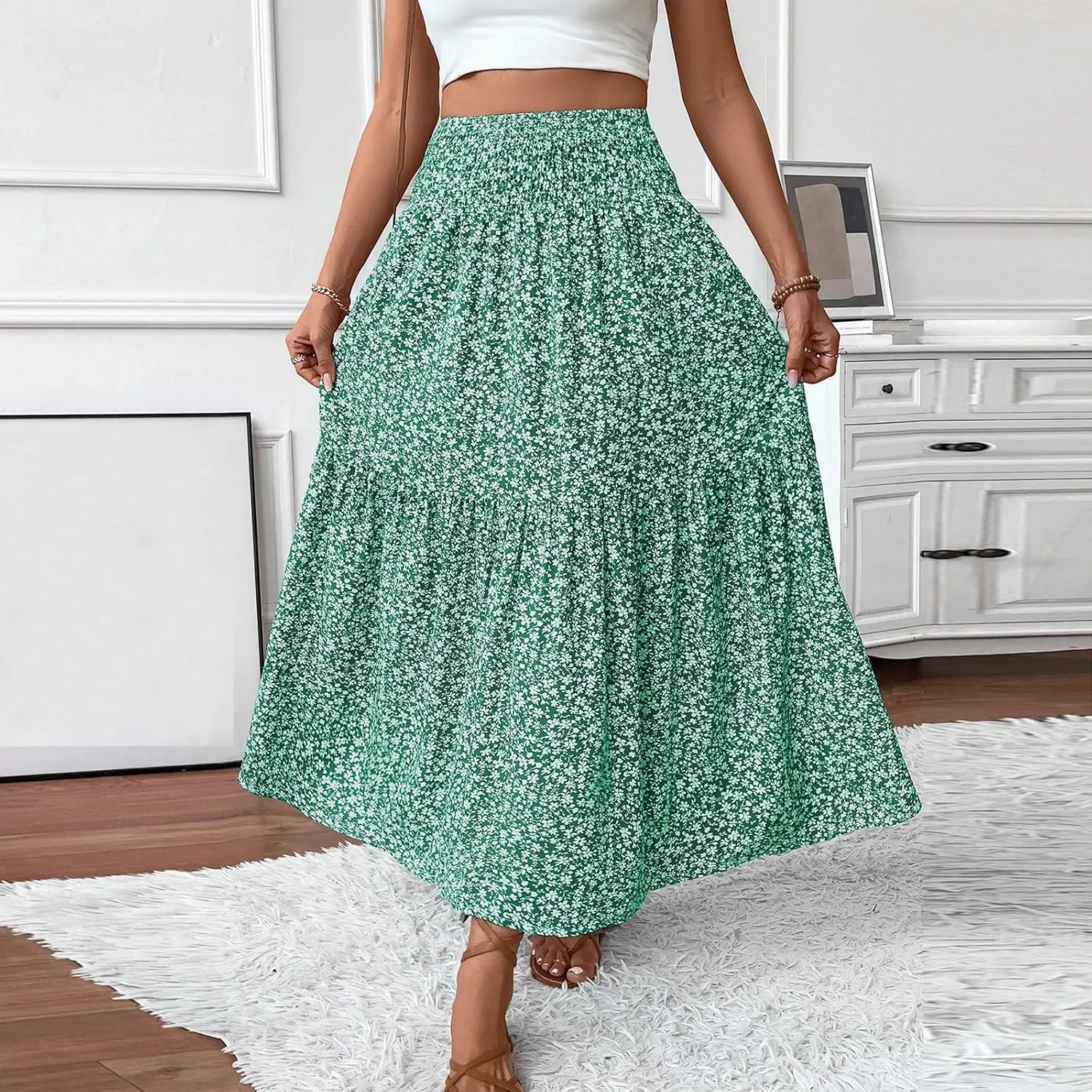Women's Skirts Bohemian Long Skirts Flowy High Waist A Line Maxi Skirts Summer Pleated, S-XL