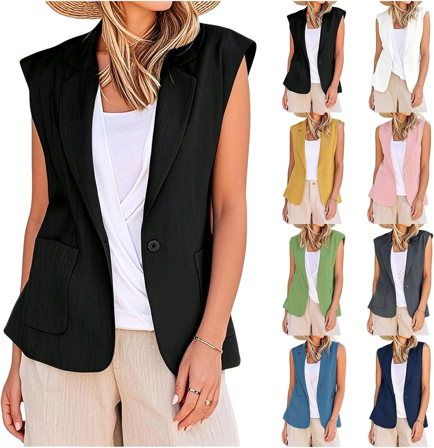 Women's Sleeveless Blazer Vest Casual Open Front Blazers Notch Lapel Single Button Work Office Suit Jackets Cardigan