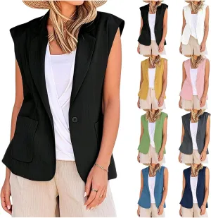 Women's Sleeveless Blazer Vest Casual Open Front Blazers Notch Lapel Single Button Work Office Suit Jackets Cardigan