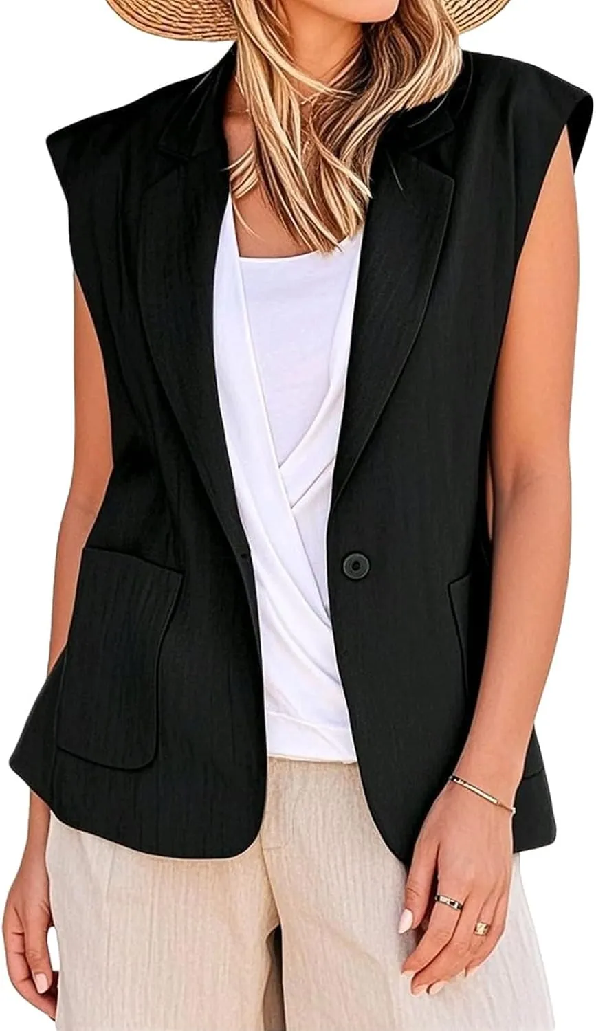 Women's Sleeveless Blazer Vest Casual Open Front Blazers Notch Lapel Single Button Work Office Suit Jackets Cardigan