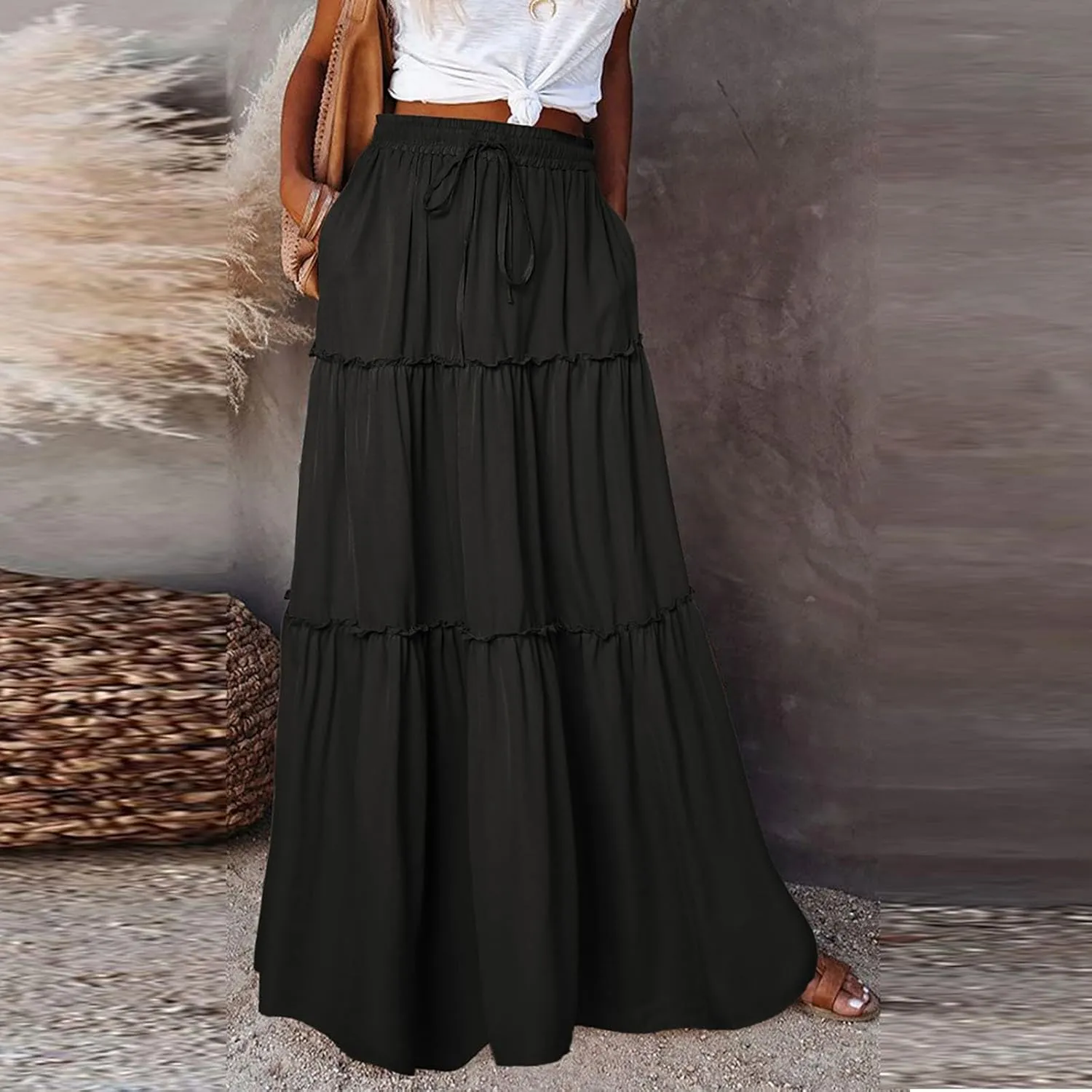 Women's Summer Skirts 2025 Loose Trendy Elastic High Waist Floral Print Boho Sun Beach Long Maxi Skirt, S-2XL