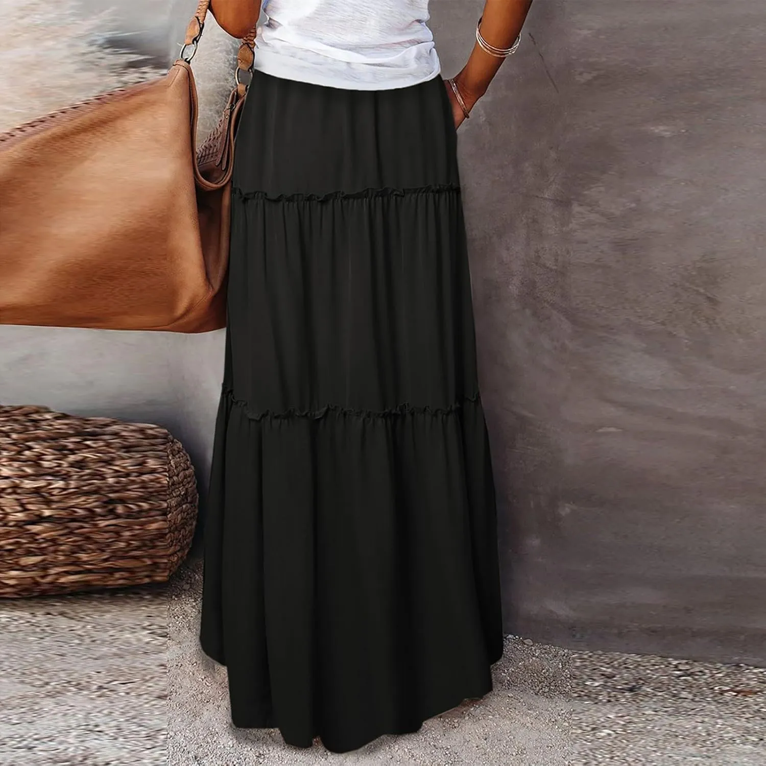Women's Summer Skirts 2025 Loose Trendy Elastic High Waist Floral Print Boho Sun Beach Long Maxi Skirt, S-2XL